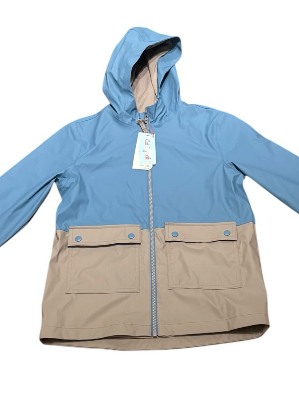 Cat & Jack Two-Tone Hooded Raincoat - Light Blue & Beige, Size YL (10-12) NEW